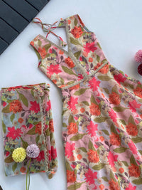 Floral Print Gown with Lace Detailing and Matching Stole