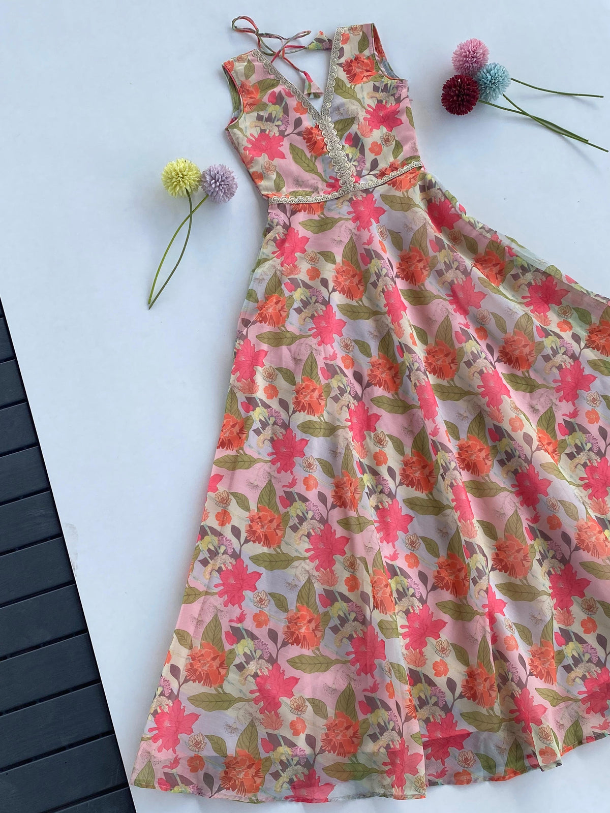 Floral Print Gown with Lace Detailing and Matching Stole