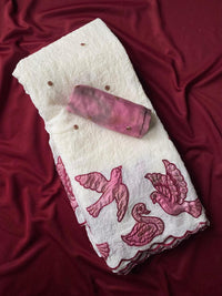 Pure & Premium Linen Zari Chex Saree with Designer Print, Foil Mirror Work & Zari Woven Border