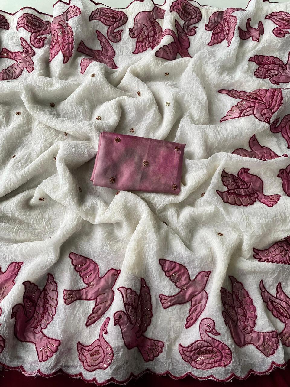 Pure & Premium Linen Zari Chex Saree with Designer Print, Foil Mirror Work & Zari Woven Border