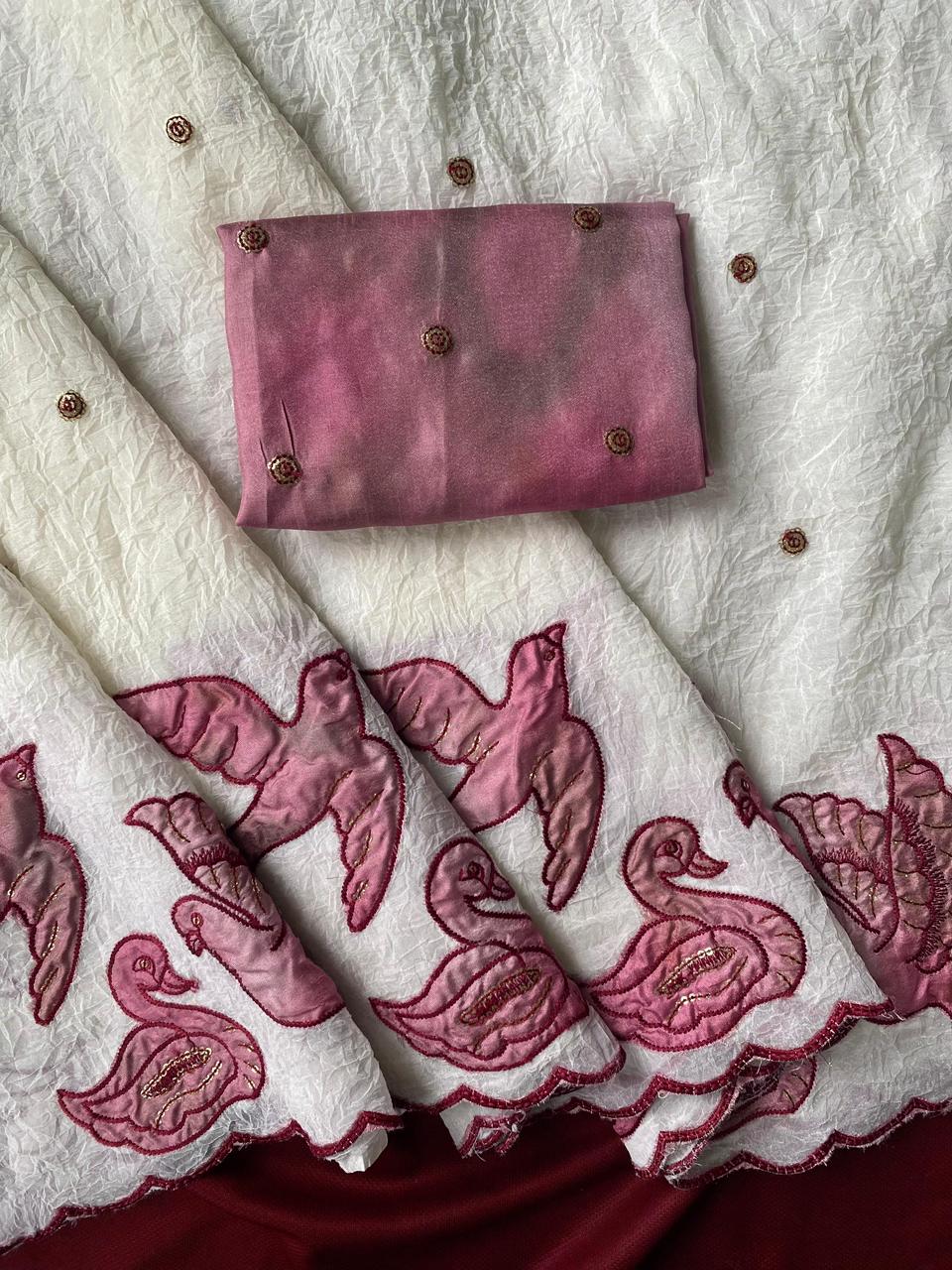 Pure & Premium Linen Zari Chex Saree with Designer Print, Foil Mirror Work & Zari Woven Border