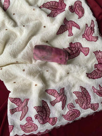 Pure & Premium Linen Zari Chex Saree with Designer Print, Foil Mirror Work & Zari Woven Border