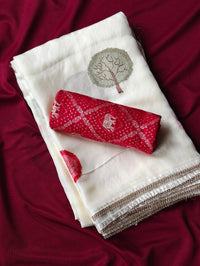 Pure Soft Satin Georgette Saree with Diamond Detailing & Cutwork Embroidered Border | Red Brocade Blouse