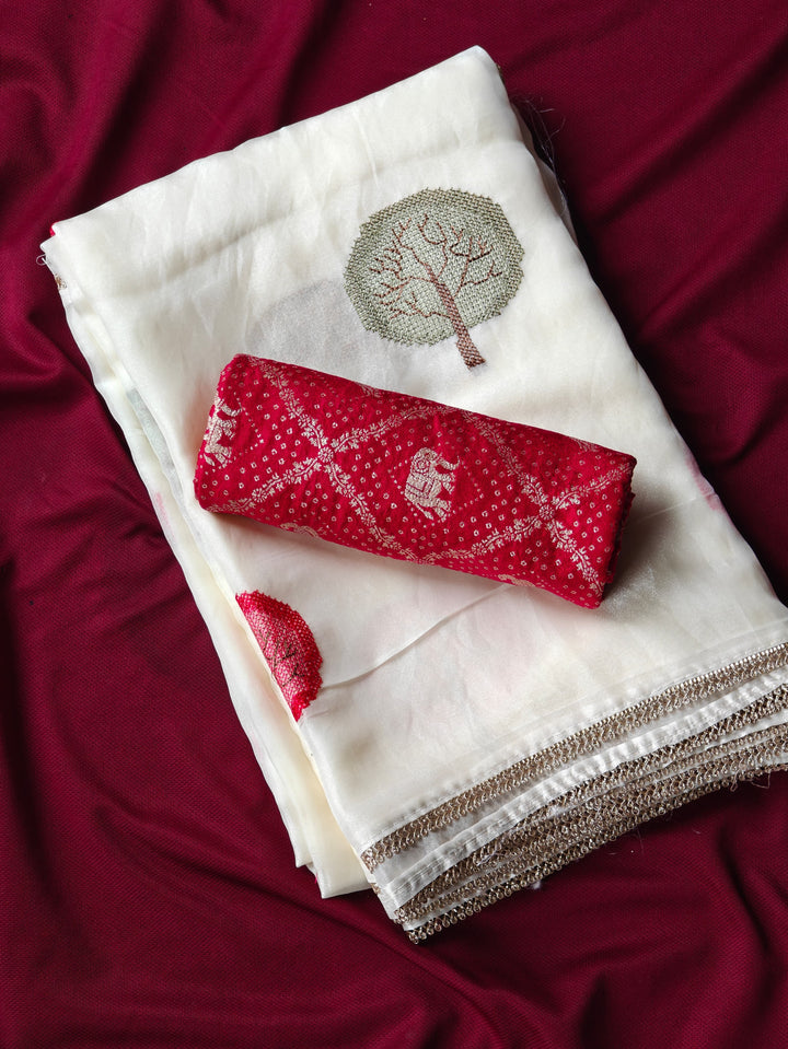 Pure Soft Satin Georgette Saree with Diamond Detailing & Cutwork Embroidered Border | Red Brocade Blouse