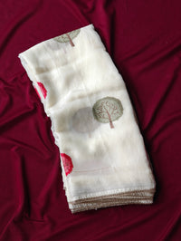 Pure Soft Satin Georgette Saree with Diamond Detailing & Cutwork Embroidered Border | Red Brocade Blouse