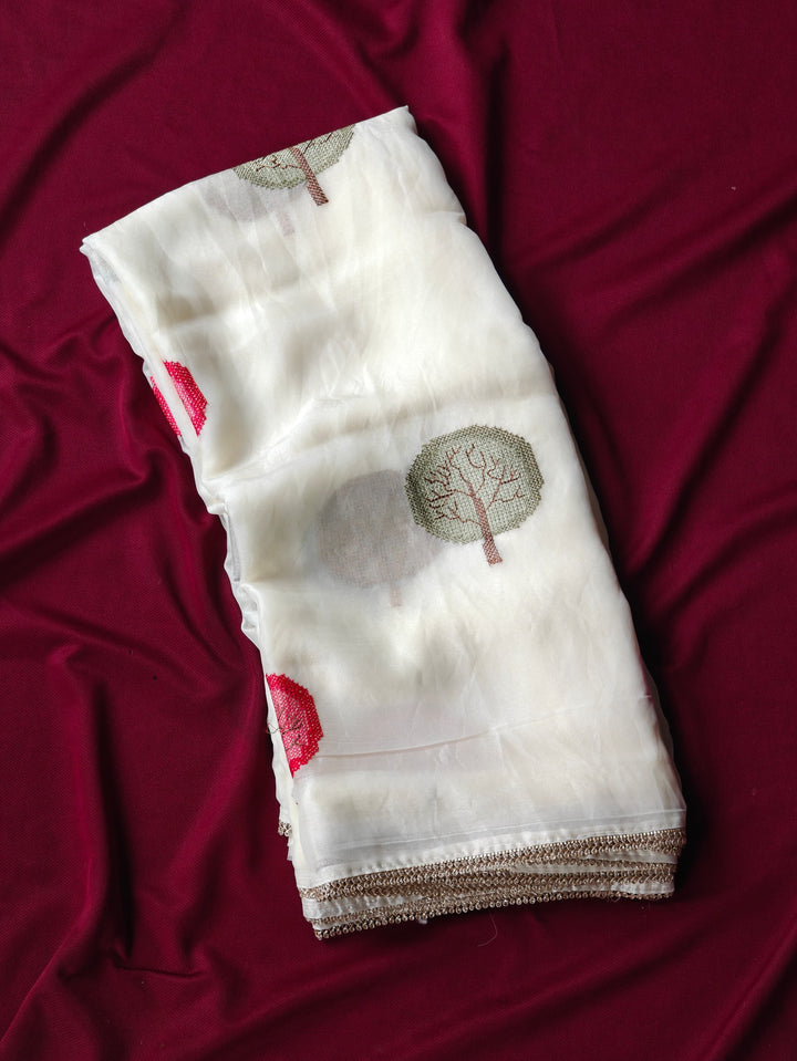 Pure Soft Satin Georgette Saree with Diamond Detailing & Cutwork Embroidered Border | Red Brocade Blouse