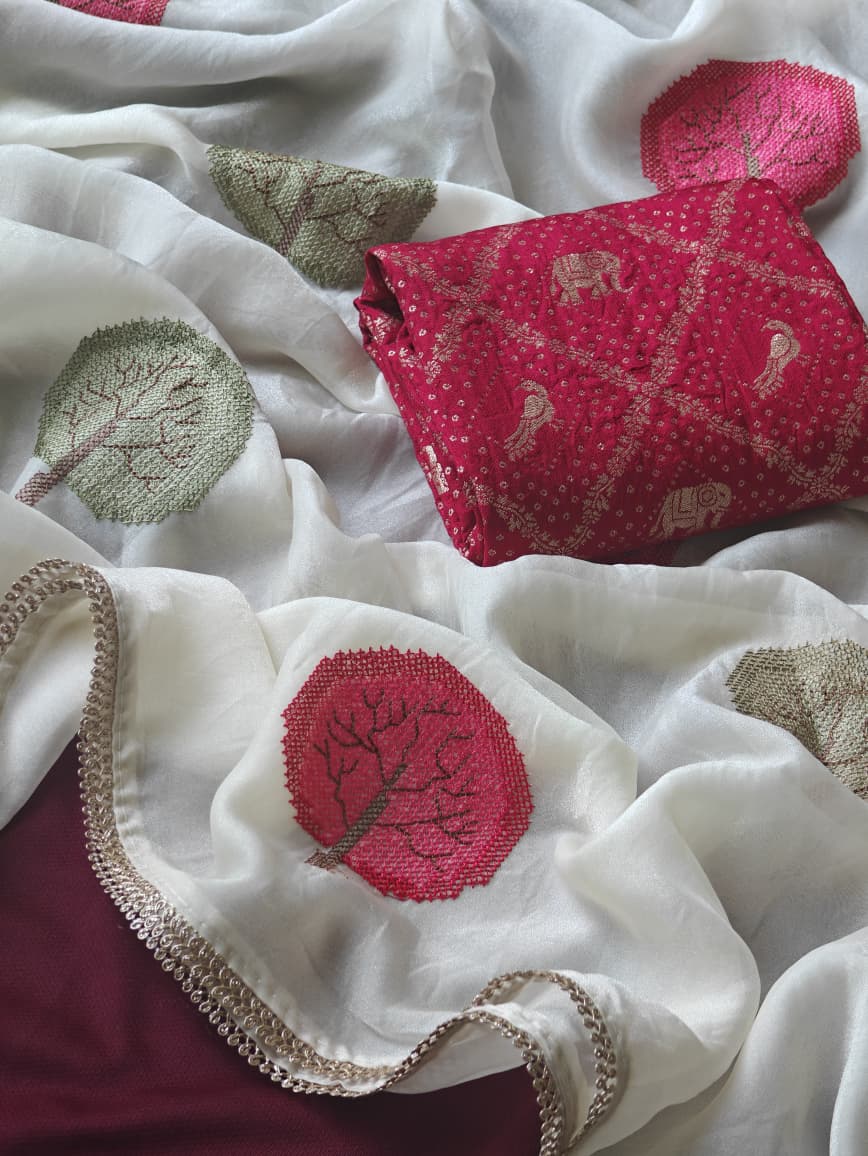 Pure Soft Satin Georgette Saree with Diamond Detailing & Cutwork Embroidered Border | Red Brocade Blouse