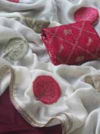 Pure Soft Satin Georgette Saree with Diamond Detailing & Cutwork Embroidered Border | Red Brocade Blouse