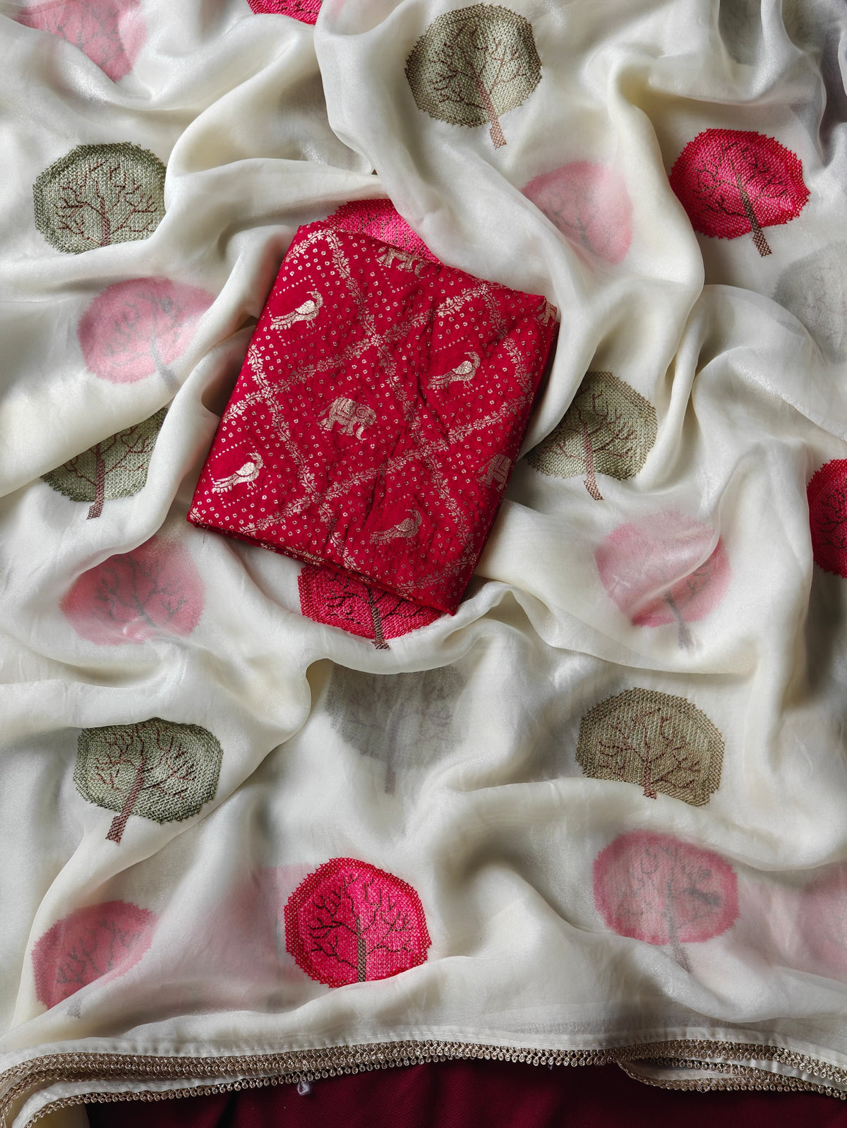 Pure Soft Satin Georgette Saree with Diamond Detailing & Cutwork Embroidered Border | Red Brocade Blouse