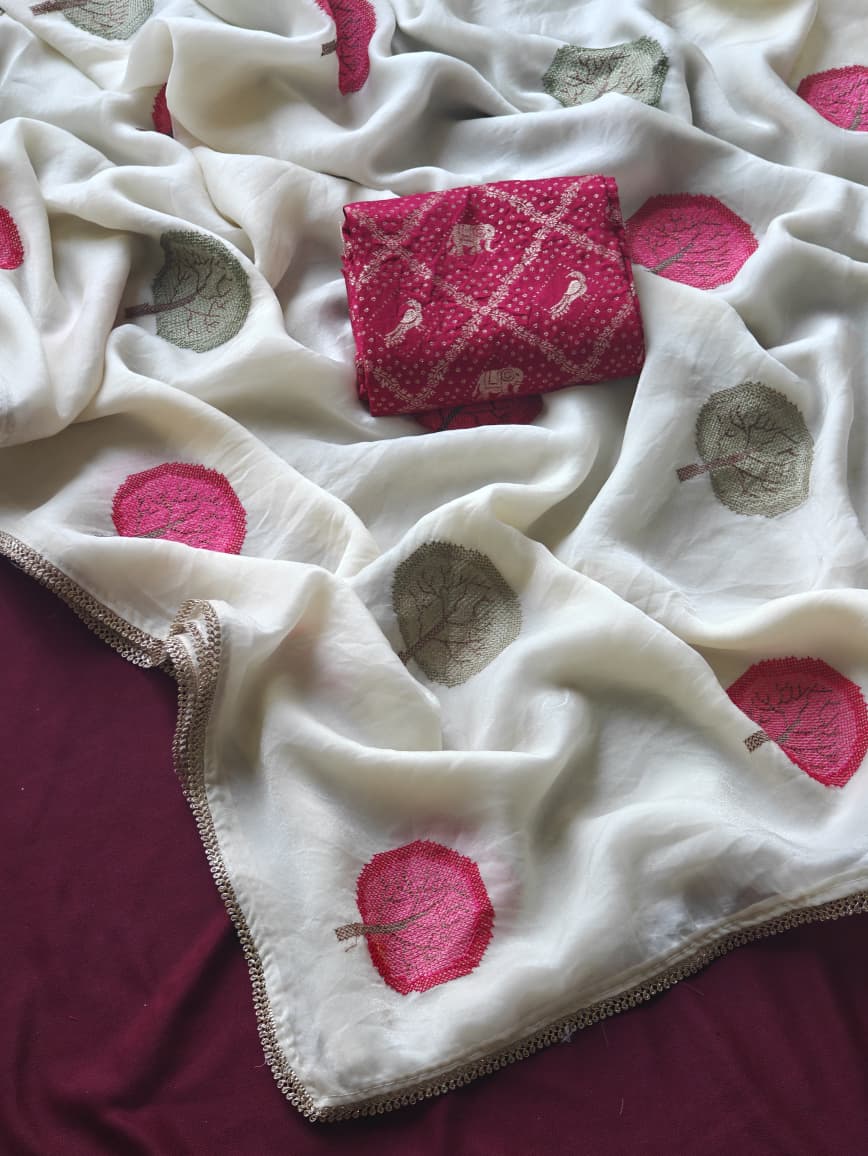 Pure Soft Satin Georgette Saree with Diamond Detailing & Cutwork Embroidered Border | Red Brocade Blouse