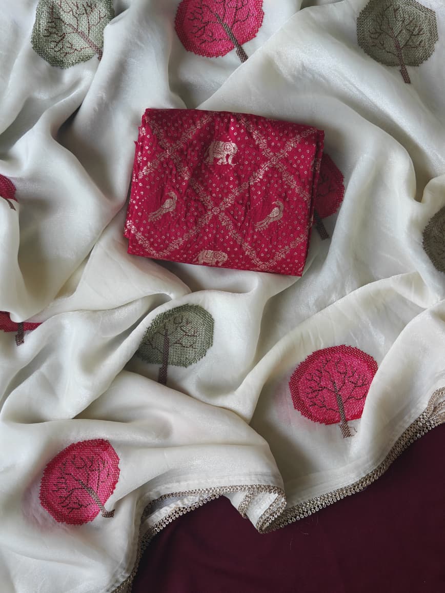 Pure Soft Satin Georgette Saree with Diamond Detailing & Cutwork Embroidered Border | Red Brocade Blouse