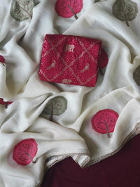 Pure Soft Satin Georgette Saree with Diamond Detailing & Cutwork Embroidered Border | Red Brocade Blouse