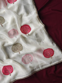 Pure Soft Satin Georgette Saree with Diamond Detailing & Cutwork Embroidered Border | Red Brocade Blouse