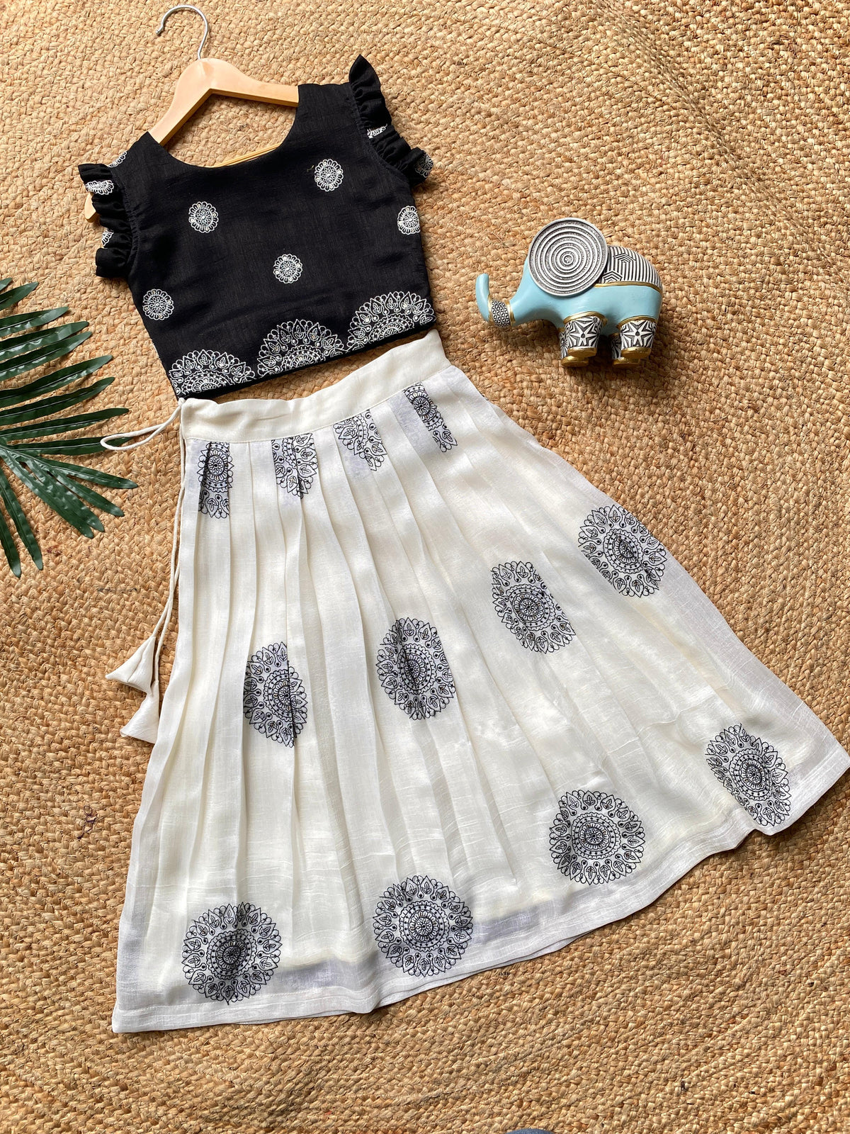 Mandala Art Skirt-Top Set in White and Black