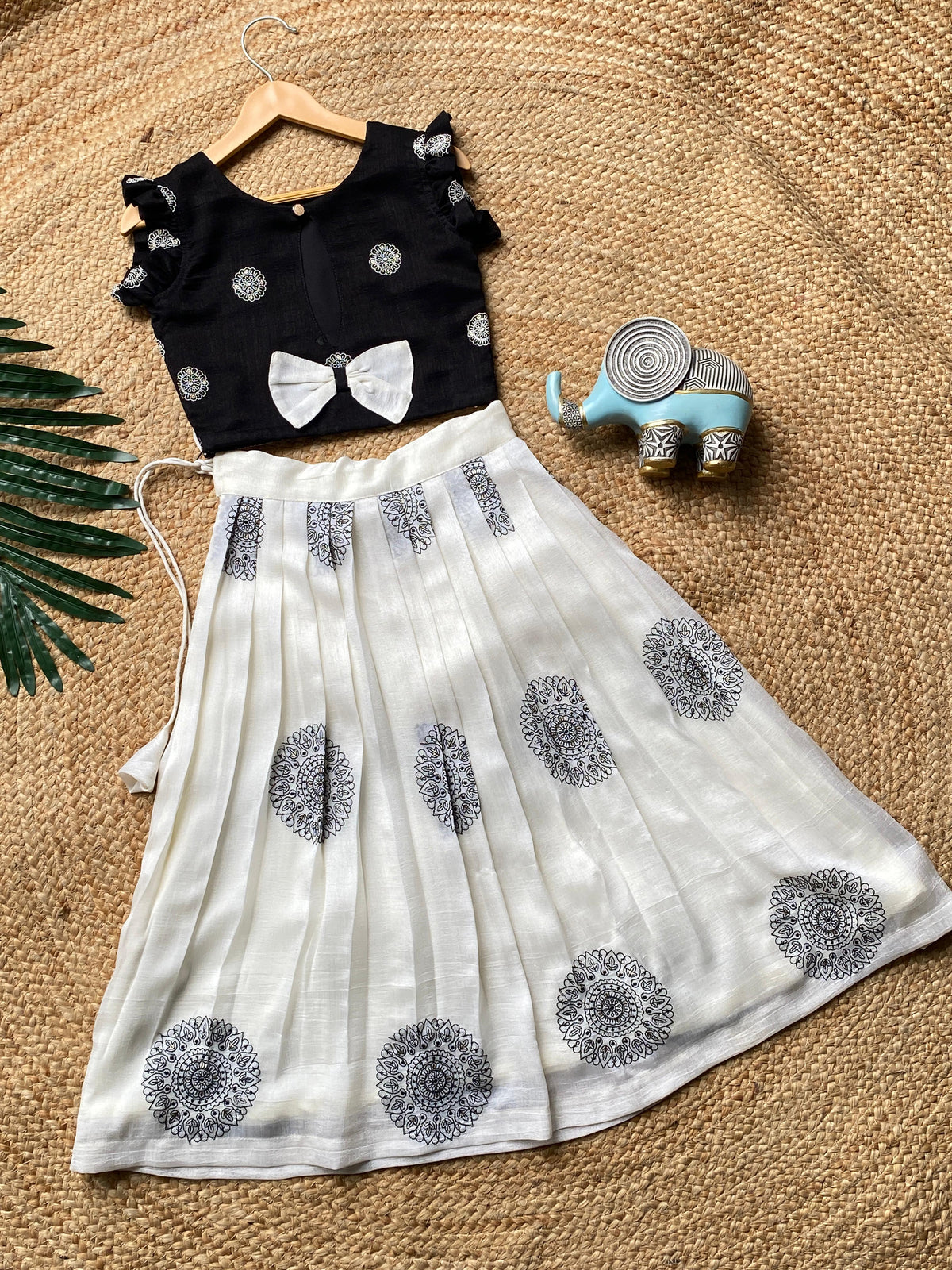 Mandala Art Skirt-Top Set in White and Black
