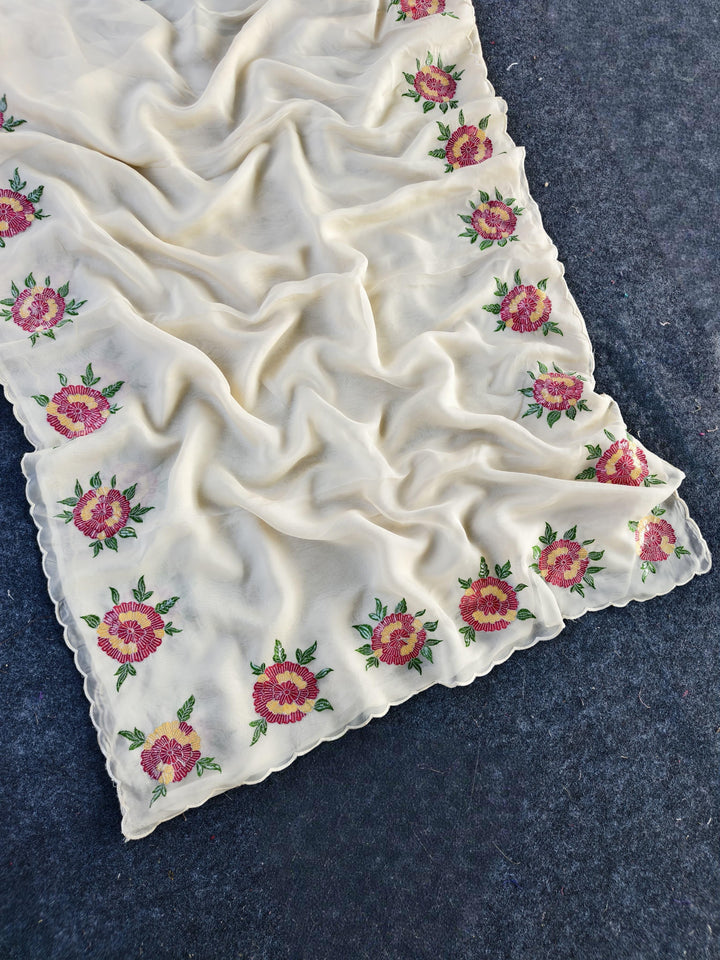 Pure White Organza Saree with Intricate Floral Embroidery, Sequins C-Pallu & Cutwork Border