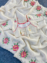 Pure White Organza Saree with Intricate Floral Embroidery, Sequins C-Pallu & Cutwork Border