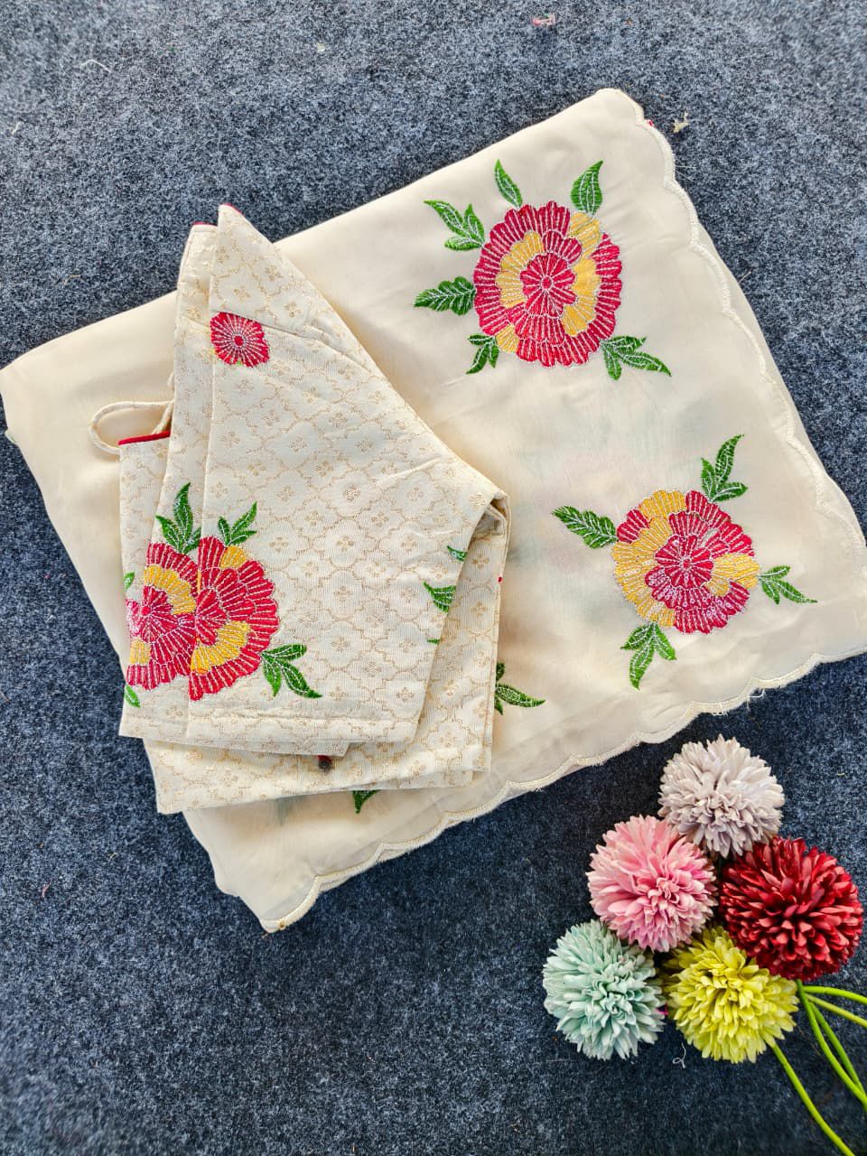 Pure White Organza Saree with Intricate Floral Embroidery, Sequins C-Pallu & Cutwork Border