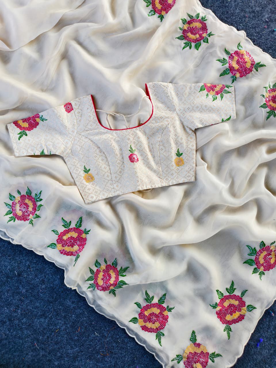 Pure White Organza Saree with Intricate Floral Embroidery, Sequins C-Pallu & Cutwork Border