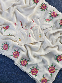 Pure White Organza Saree with Intricate Floral Embroidery, Sequins C-Pallu & Cutwork Border