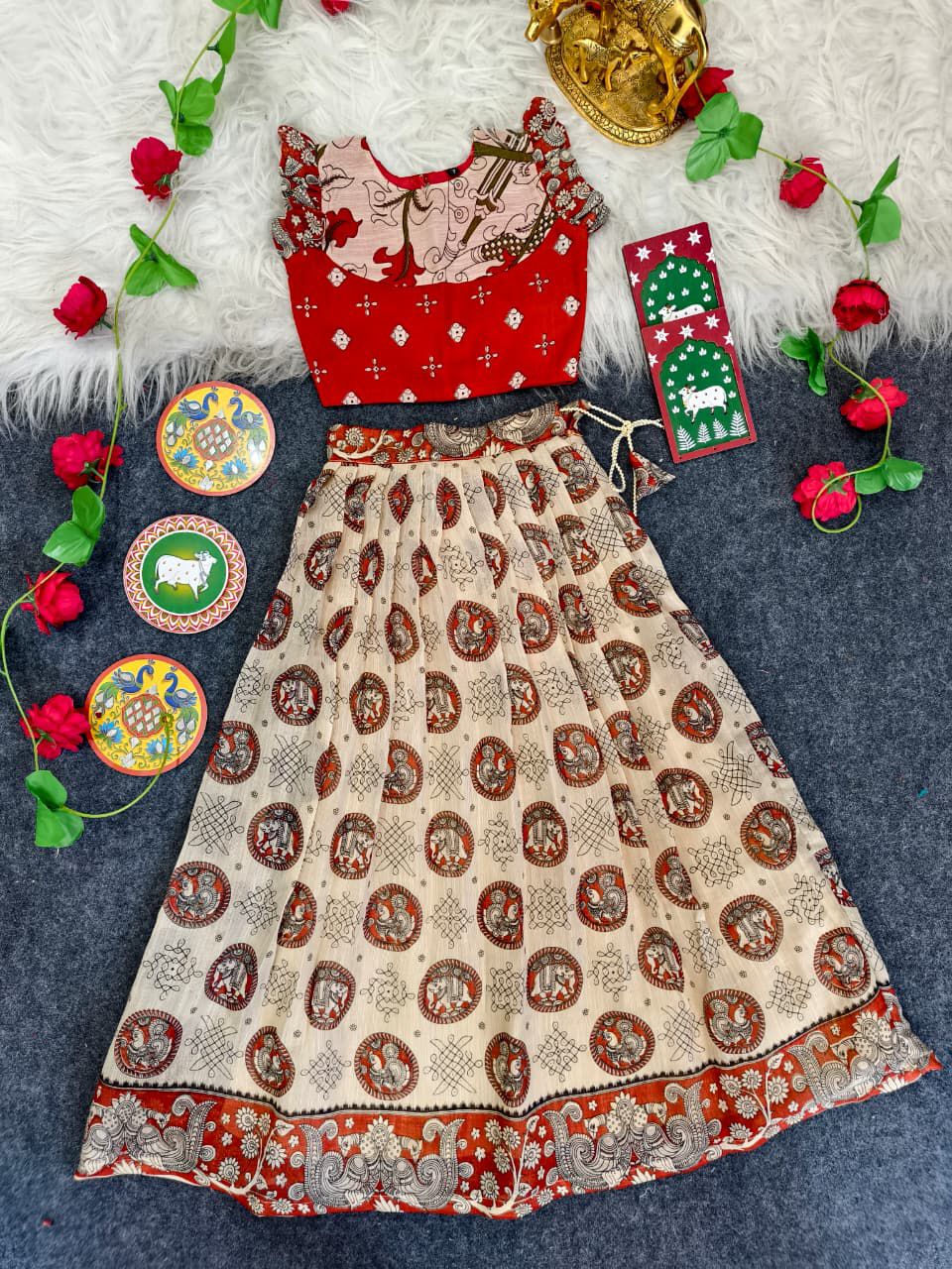 Elegant Kalamkari Print Girls Skirt & Top Set – Festive Cotton Blend Outfit (1 Month to 16 Years)