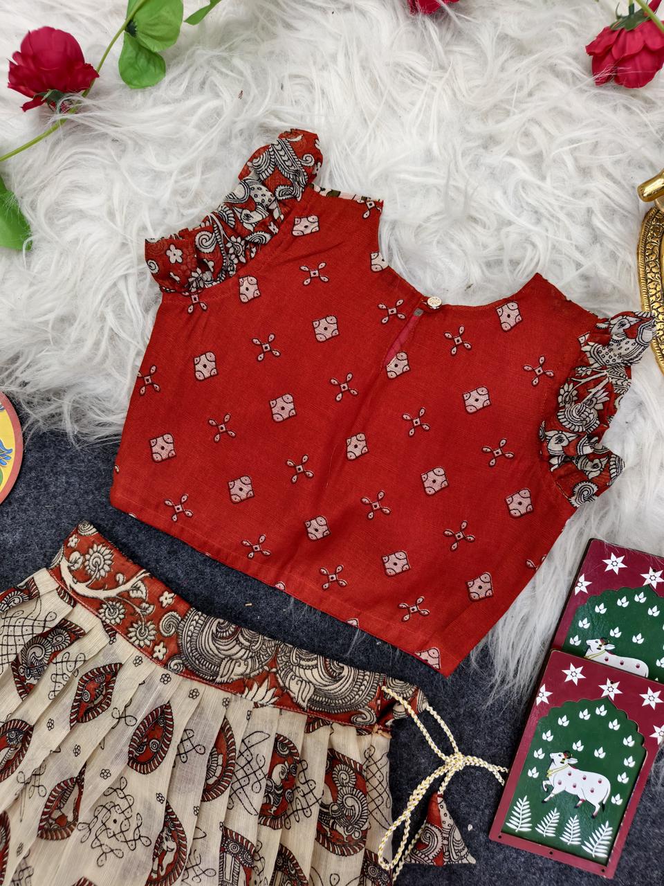Elegant Kalamkari Print Girls Skirt & Top Set – Festive Cotton Blend Outfit (1 Month to 16 Years)