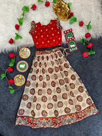 Elegant Kalamkari Print Girls Skirt & Top Set – Festive Cotton Blend Outfit (1 Month to 16 Years)