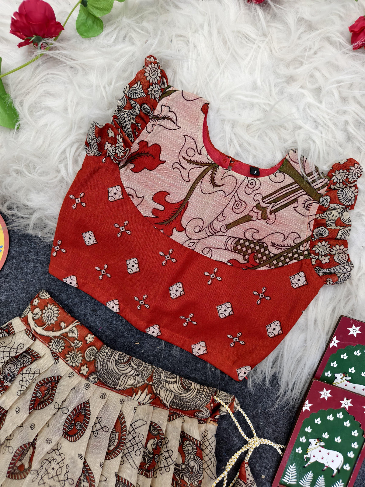 Elegant Kalamkari Print Girls Skirt & Top Set – Festive Cotton Blend Outfit (1 Month to 16 Years)