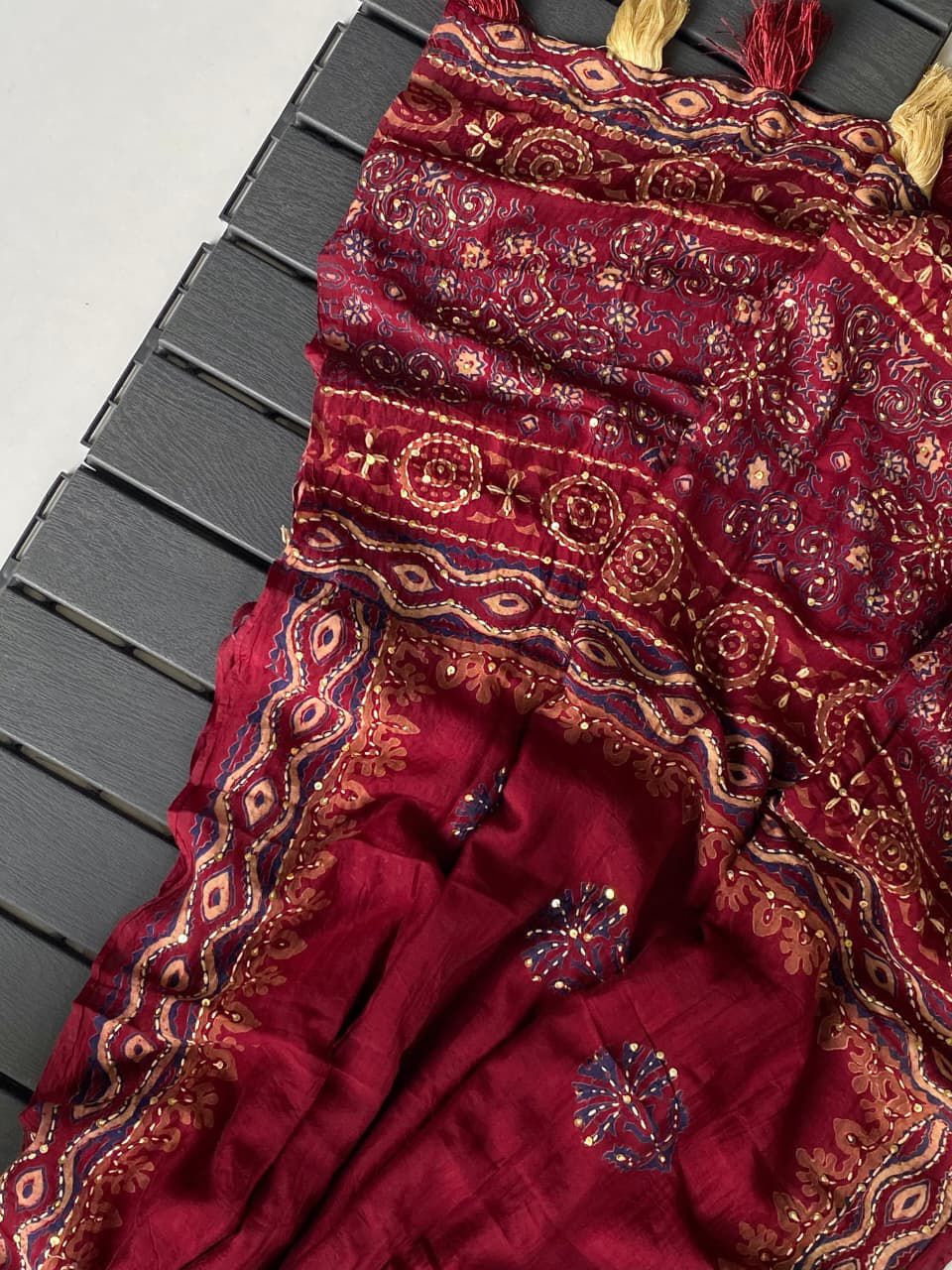 Pure Chanderi Cotton Saree with Ajrakh Hand Block Print & Hand Katha Work