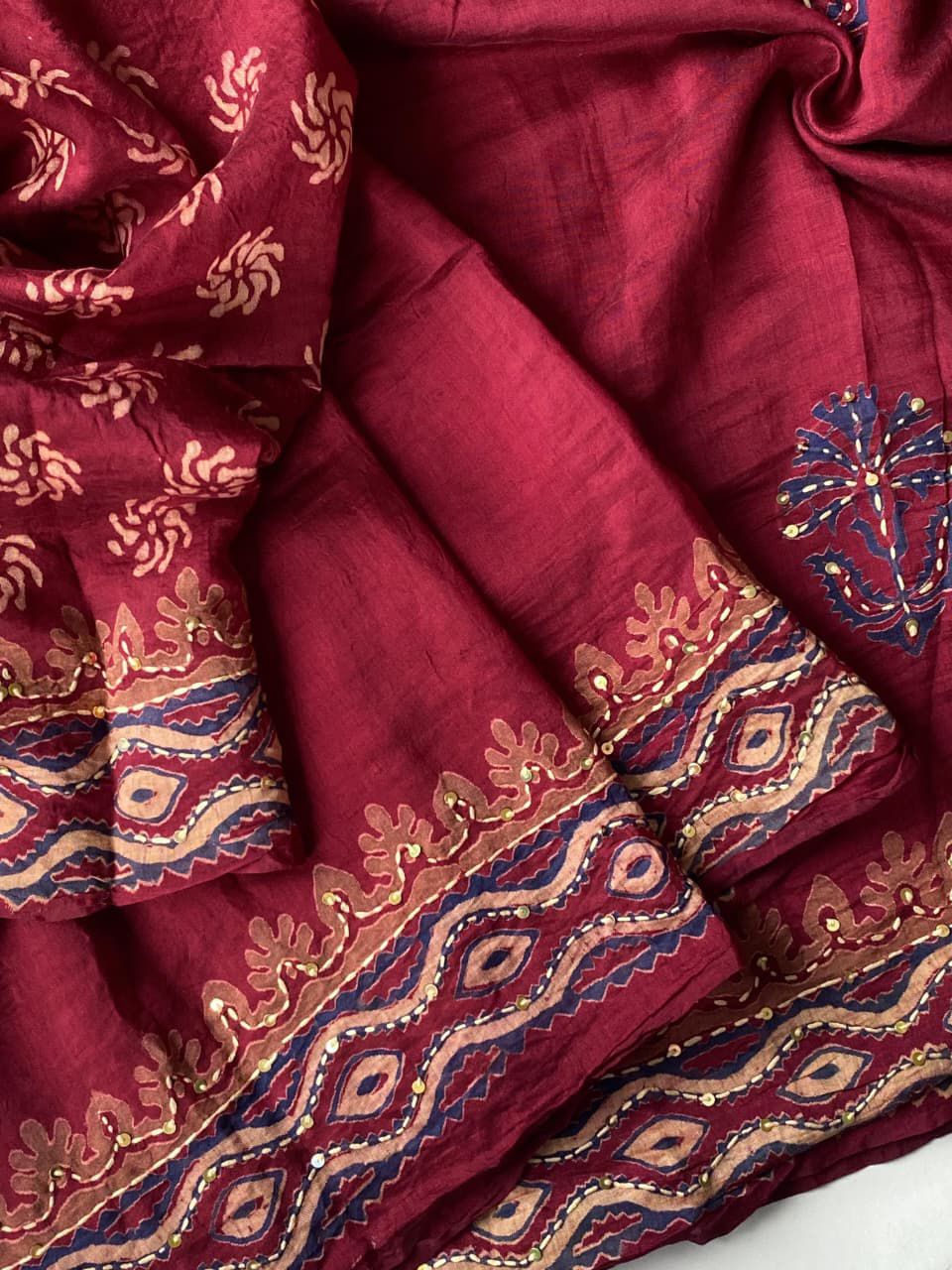Pure Chanderi Cotton Saree with Ajrakh Hand Block Print & Hand Katha Work