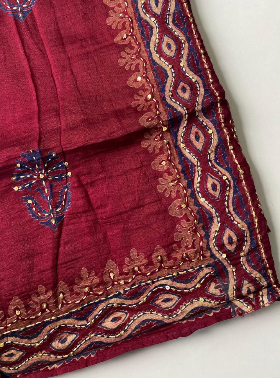 Pure Chanderi Cotton Saree with Ajrakh Hand Block Print & Hand Katha Work