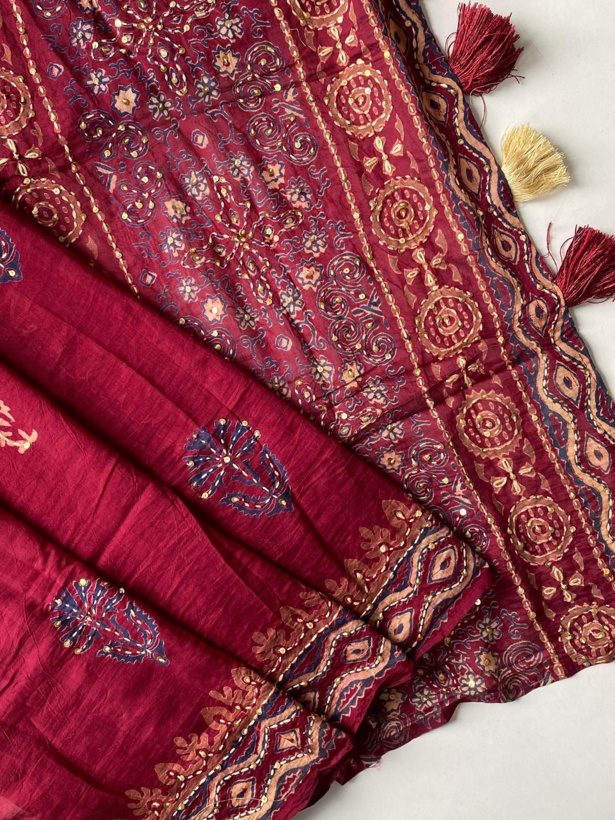 Pure Chanderi Cotton Saree with Ajrakh Hand Block Print & Hand Katha Work