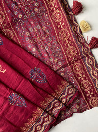 Pure Chanderi Cotton Saree with Ajrakh Hand Block Print & Hand Katha Work