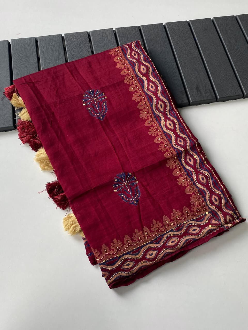 Pure Chanderi Cotton Saree with Ajrakh Hand Block Print & Hand Katha Work