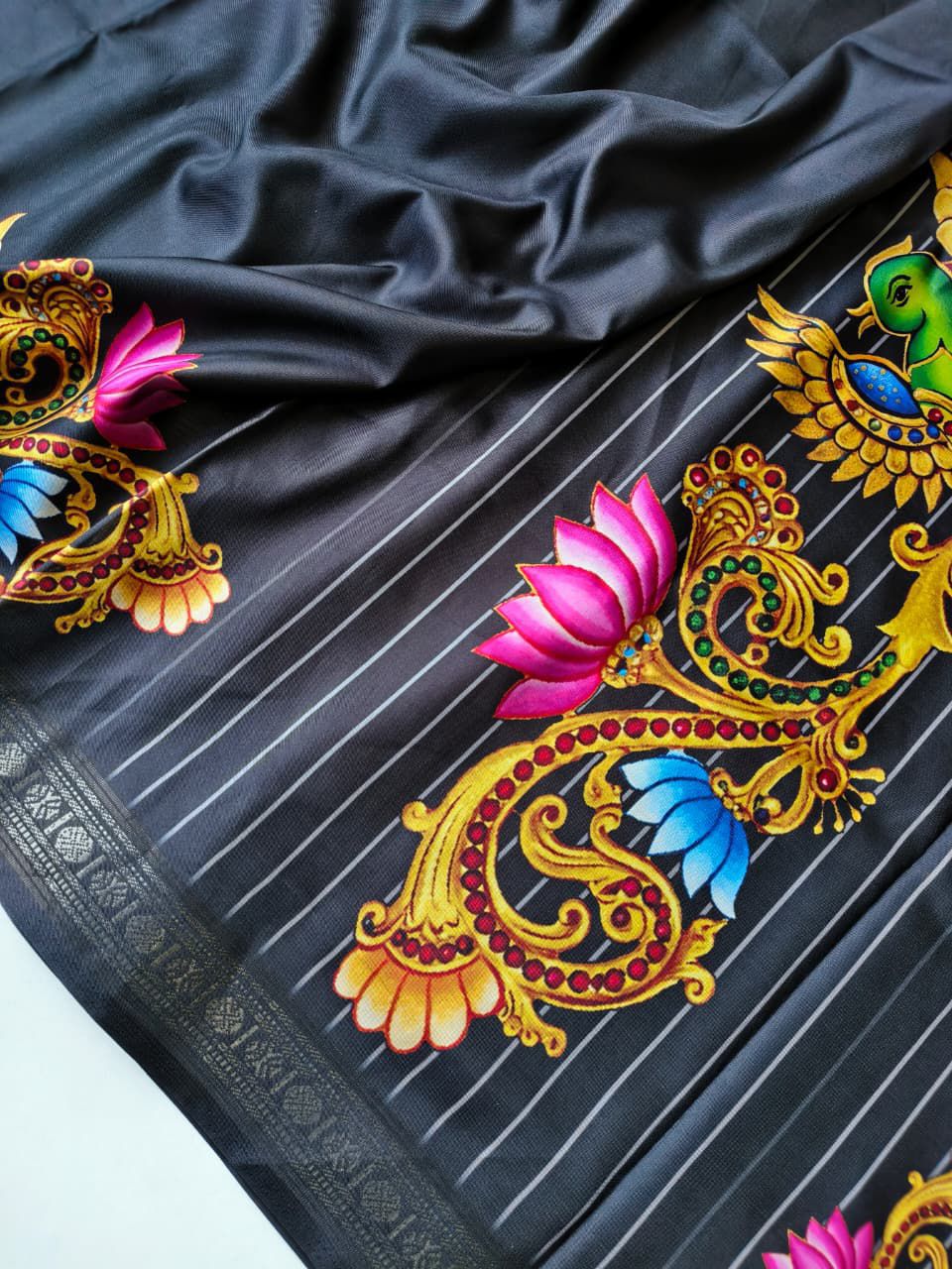 Royal Tanjore Printed Dola Saree with Silver Zari Border