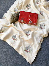 Pure Kota Doriya Saree with Swan Embroidery Buttas & Scalloped Cutwork Border (With Contrast Red Embroidered Blouse)
