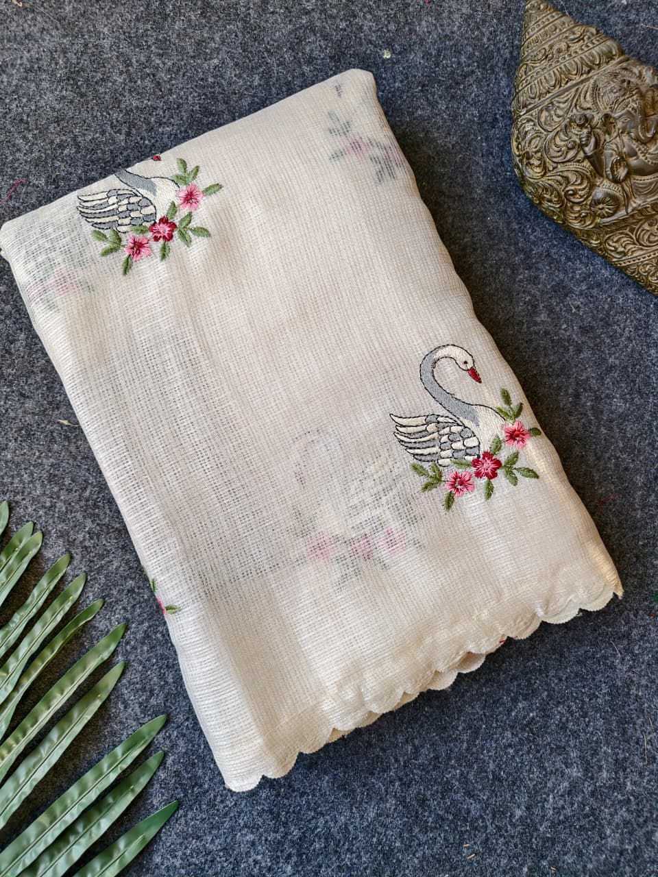 Pure Kota Doriya Saree with Swan Embroidery Buttas & Scalloped Cutwork Border (With Contrast Red Embroidered Blouse)