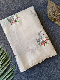 Pure Kota Doriya Saree with Swan Embroidery Buttas & Scalloped Cutwork Border (With Contrast Red Embroidered Blouse)