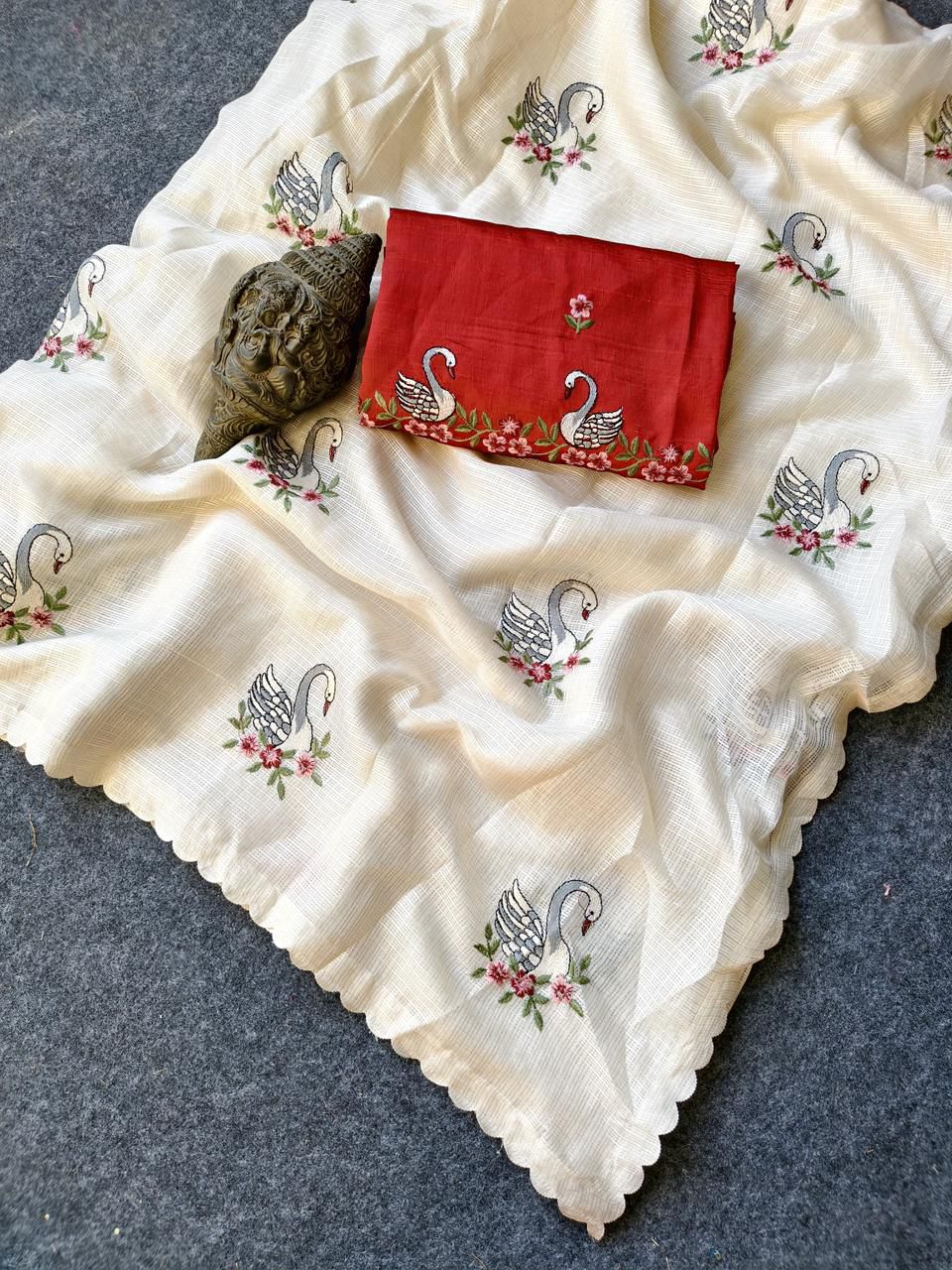 Pure Kota Doriya Saree with Swan Embroidery Buttas & Scalloped Cutwork Border (With Contrast Red Embroidered Blouse)