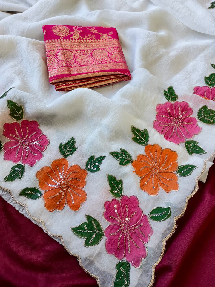 Elegant White Pure Crush Saree with Hand-Painted Floral Design & Zari Cutwork Border