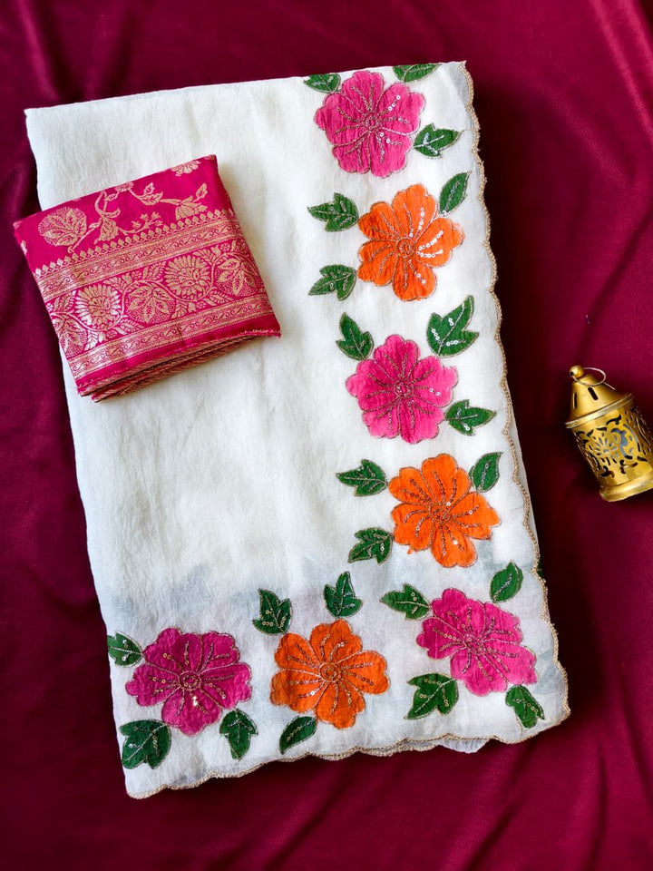 Elegant White Pure Crush Saree with Hand-Painted Floral Design & Zari Cutwork Border