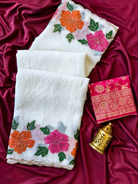 Elegant White Pure Crush Saree with Hand-Painted Floral Design & Zari Cutwork Border