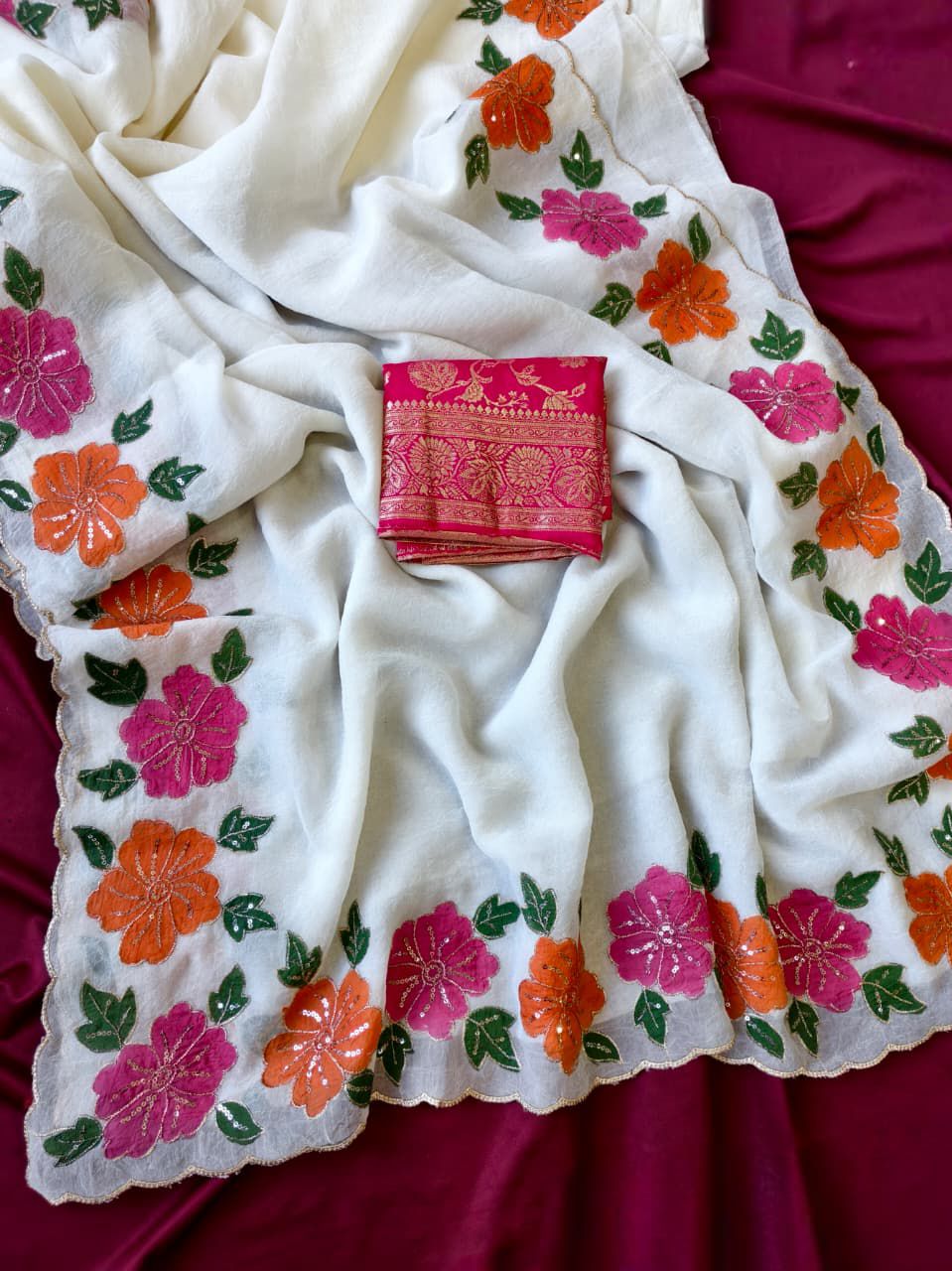 Elegant White Pure Crush Saree with Hand-Painted Floral Design & Zari Cutwork Border