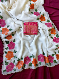 Elegant White Pure Crush Saree with Hand-Painted Floral Design & Zari Cutwork Border