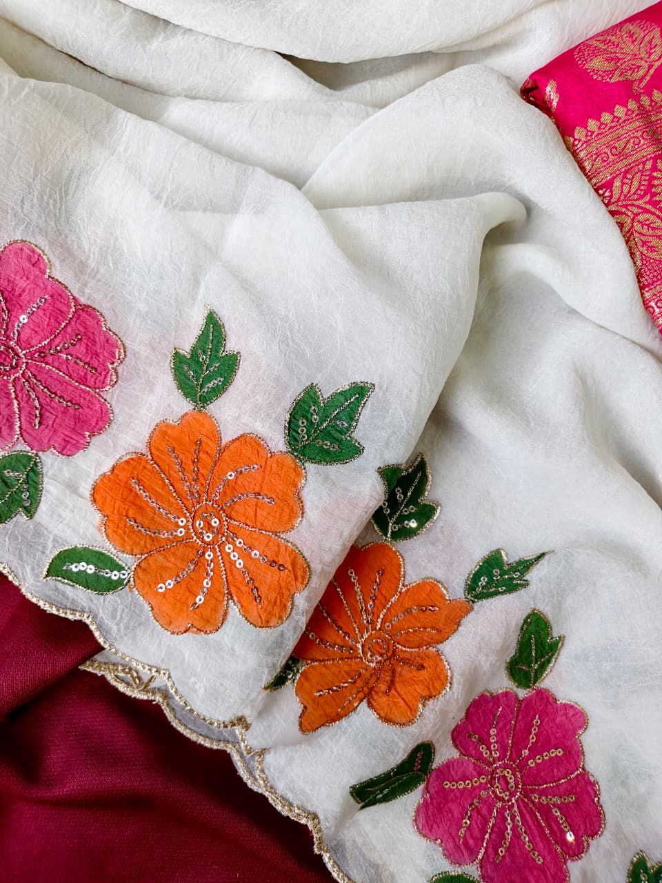 Elegant White Pure Crush Saree with Hand-Painted Floral Design & Zari Cutwork Border