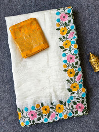 Elegant White Crush Saree with Multicolor Floral Cutwork & Banarasi Brocade Blouse
