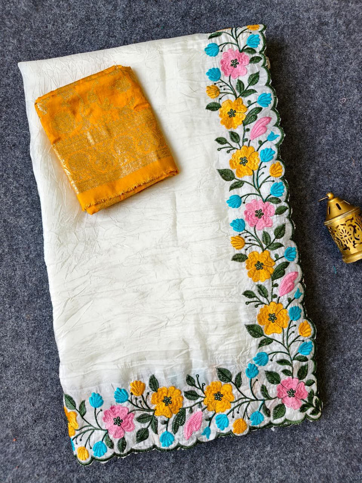 Elegant White Crush Saree with Multicolor Floral Cutwork & Banarasi Brocade Blouse