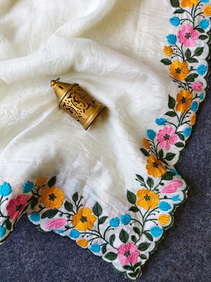 Elegant White Crush Saree with Multicolor Floral Cutwork & Banarasi Brocade Blouse