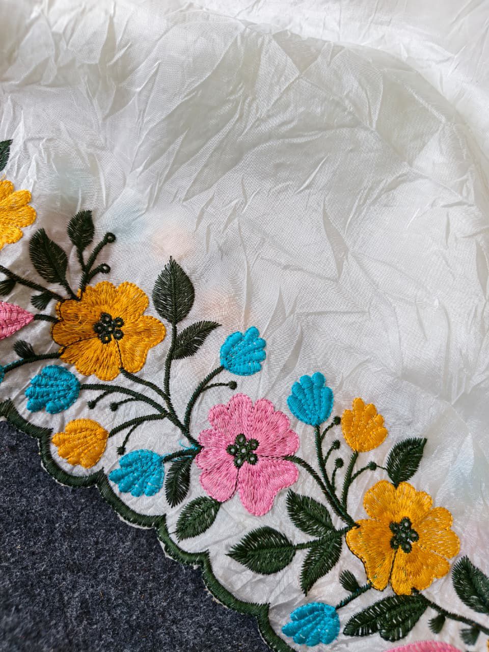 Elegant White Crush Saree with Multicolor Floral Cutwork & Banarasi Brocade Blouse