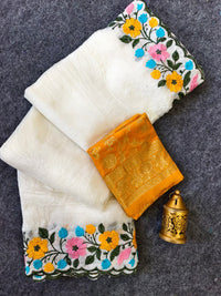 Elegant White Crush Saree with Multicolor Floral Cutwork & Banarasi Brocade Blouse